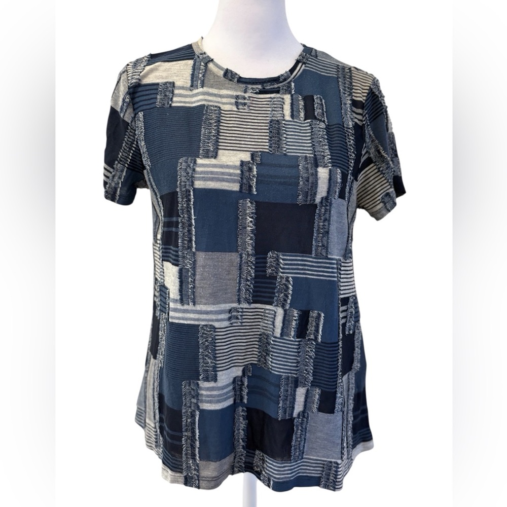 Medium Zara Trafaluc Blue Patchwork Mesh Fringe Shirt